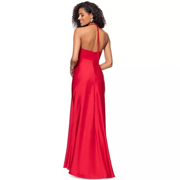 Betsy & Adam Women's Ruched Halter Maxi Gown Red New Holiday Dress 2 Formal - Picture 3 of 7